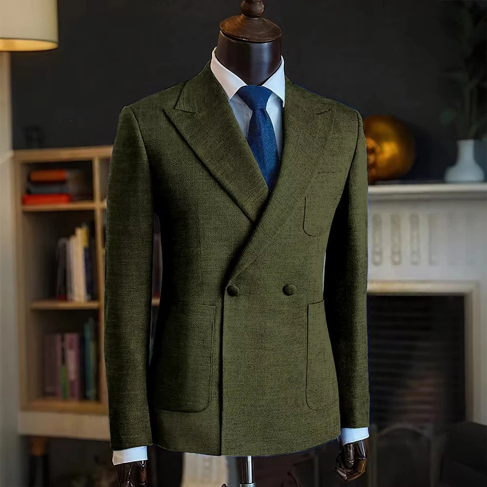 Luxury Men's Classic Suit Blazer Linen Double Breasted Notch Lapel Formal Groom Wedding Dress Jacket Lightweight Sport Coat