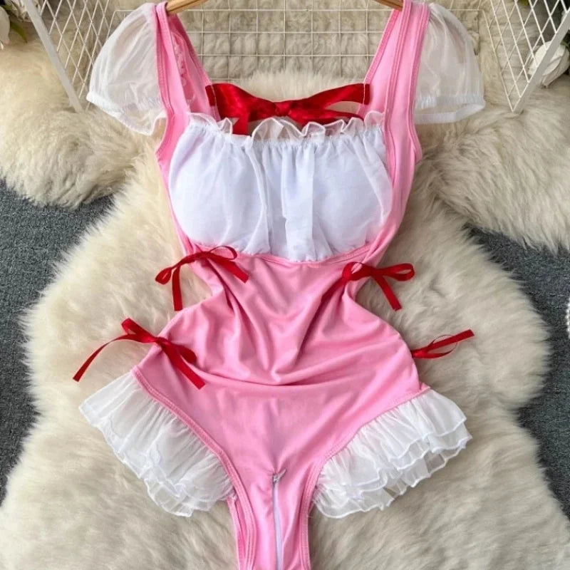 Valentine Party Sleepwear Combination Catsuits Slim Intimate Erotic Mesh Strappy Rompers Women Bodysuits Lingerie Sexy Sets