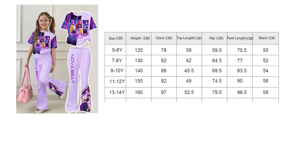 Girl K-Pop Cartoon Idol Print 2-piece Set Pink Tie Dye Short Sleeved T-shirt Purple Flared Pants Children's Casual Sportswear