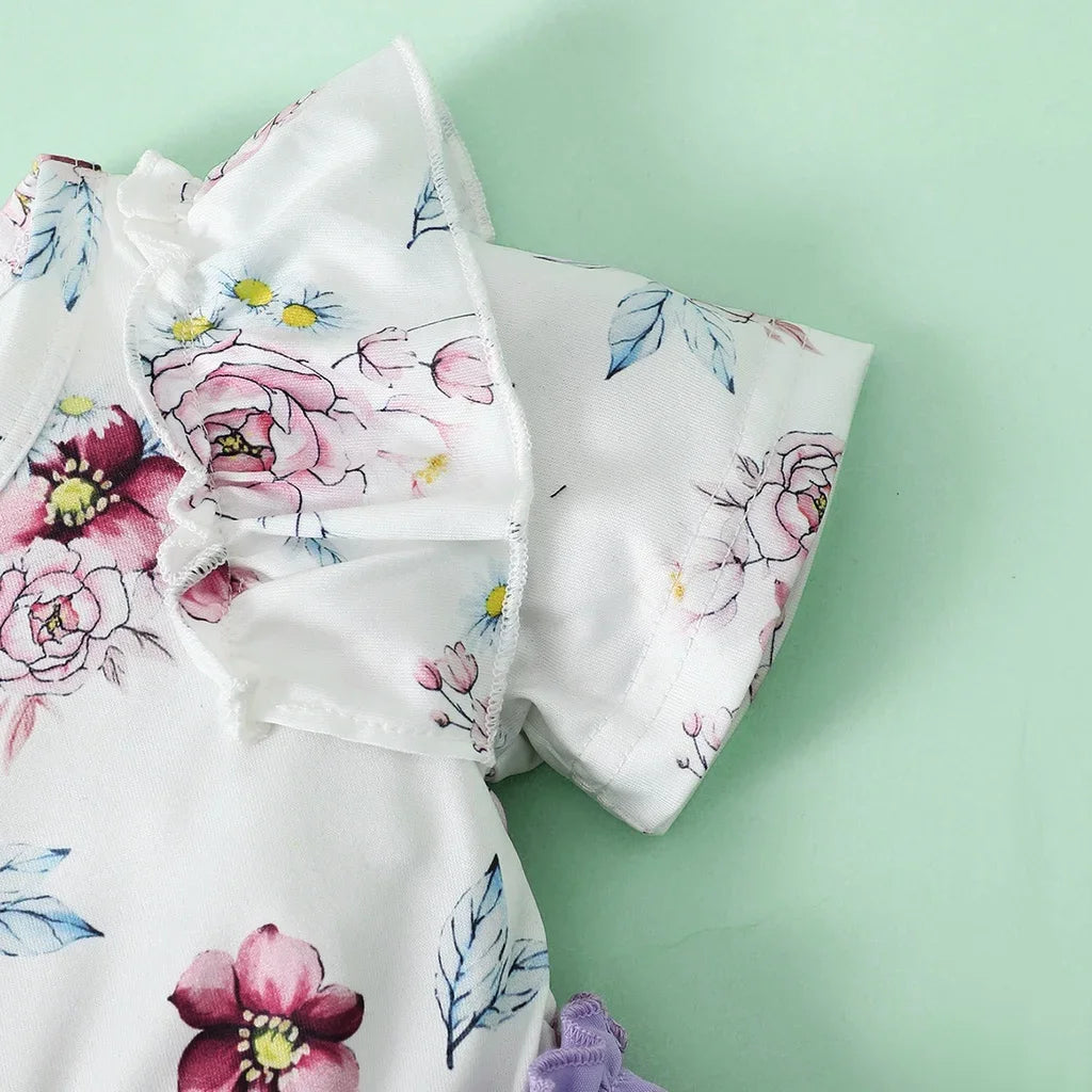 2PCS Baby Girl Floral Ruffle Short Sleeve Dress+Headwear Fashion Birthday Party Dress Summer Wear for Toddler Girl 0-3 Years