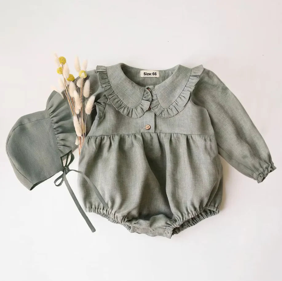 2Pcs Spring Baby Girls Playsuit With Hat Long Sleeves Newborn Romper Cotton Linen Fabric Infant Clothes
