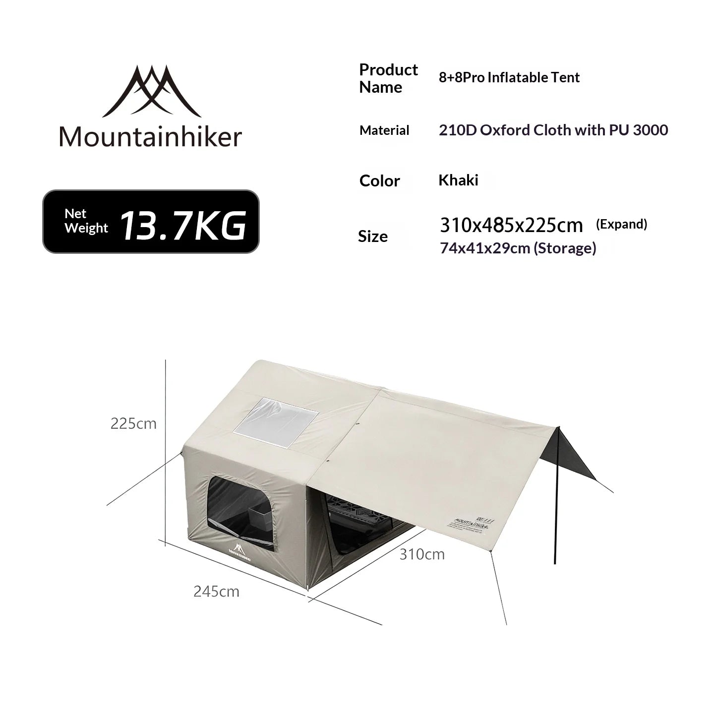 8+8㎡ inflatable camping tent, large inflatable camping tent (with manual air pump), easy-to-set-up portable camping tent.