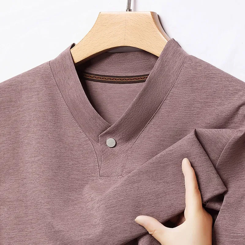 2026 Korean Style Men's Casual and Fashionable One Button V-neck Solid Color Short Sleeved T-shirt Summer Versatile Top