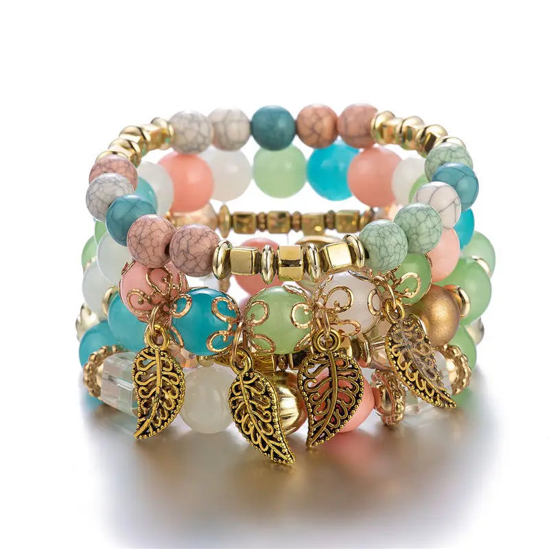 4Pcs Fashion Stone Beads Bracelets Set For Women Retro Gold Color Leaves Charm Beaded Chain Handmade Bangle Boho Jewelry