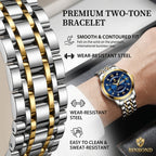 4pcs Men's Blue Gold Two-tone Stainless Steel Classic Diamond Accents Date Day Sunglasses Perfume Quartz Watch Gift Box Set
