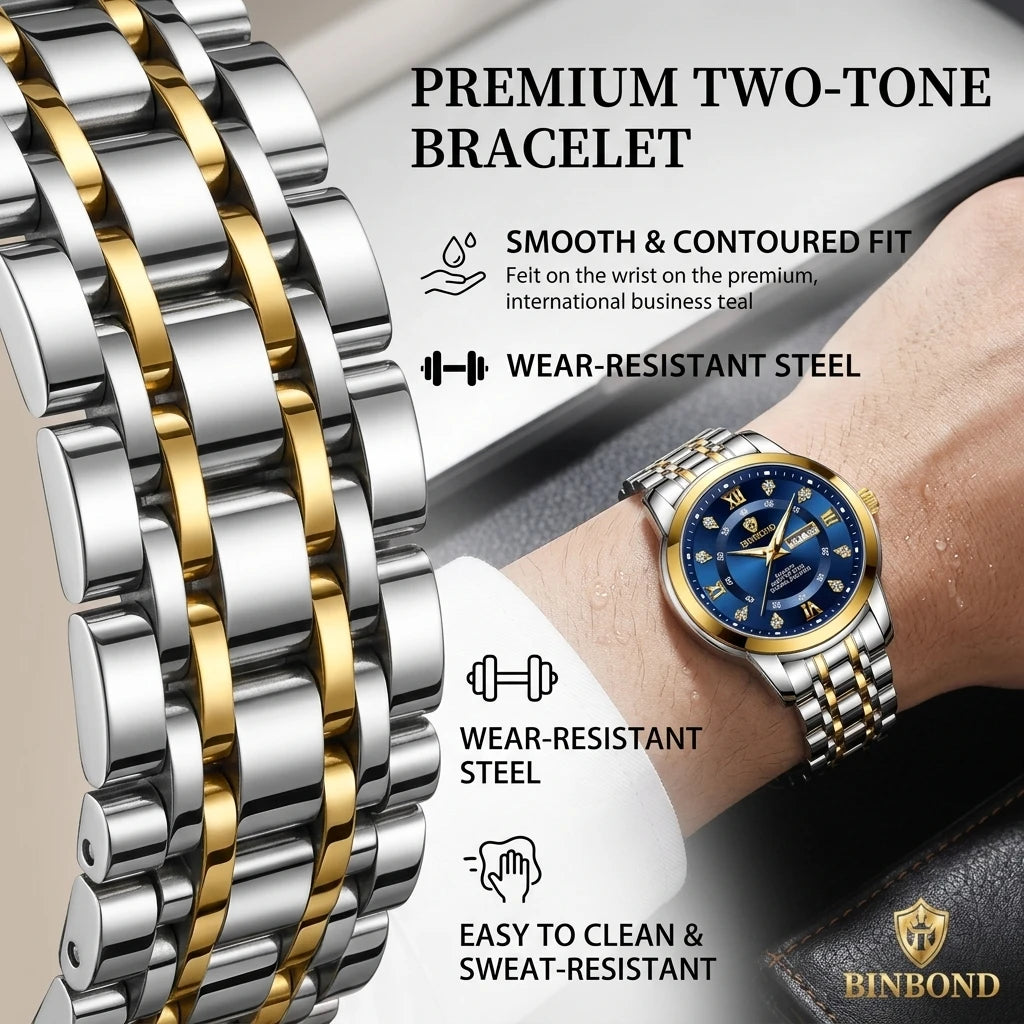 4pcs Men's Blue Gold Two-tone Stainless Steel Classic Diamond Accents Date Day Sunglasses Perfume Quartz Watch Gift Box Set