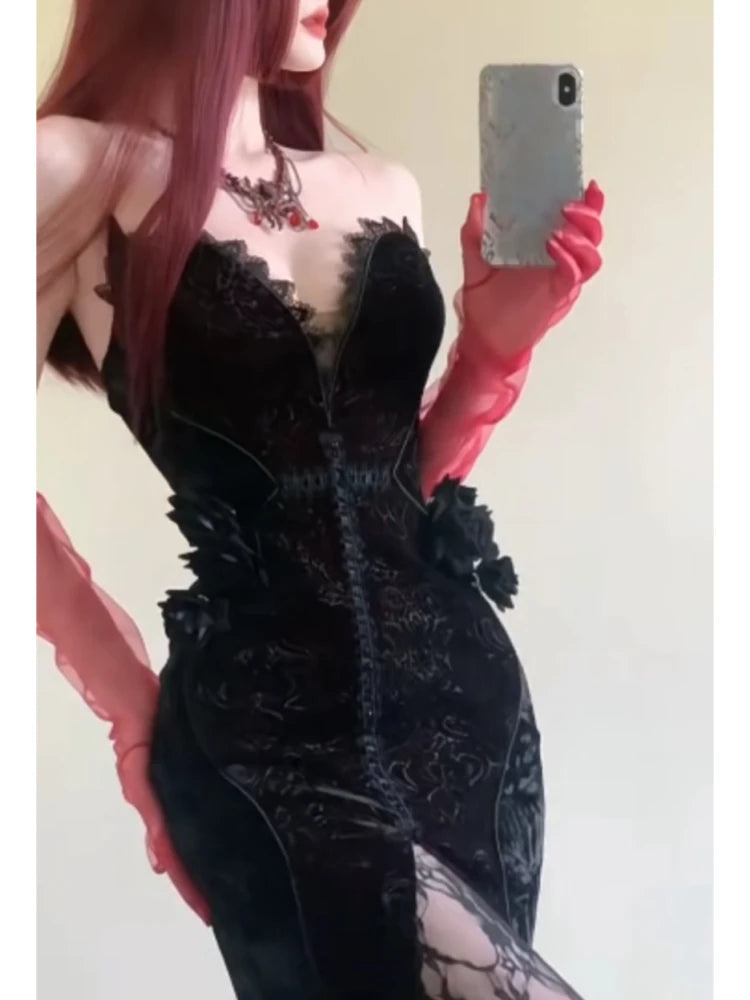 Dark Style Y2k Lace New 2 Piece Set Women Chic Shawl Cardigan Long Dress Suit Gothic Sexy Strap Bandeau Dress Sets Summet 2025