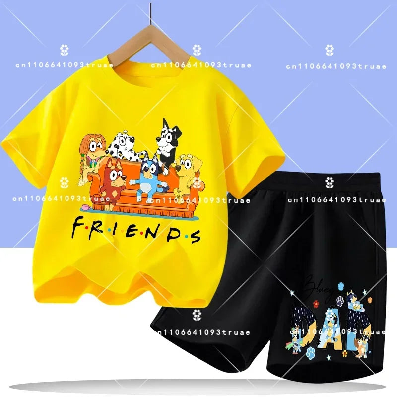 2026 summer T-shirt, 2-piece set Bluey children's 100% cotton short-sleeved set for boys - boys' sports shirt, girls' casual top