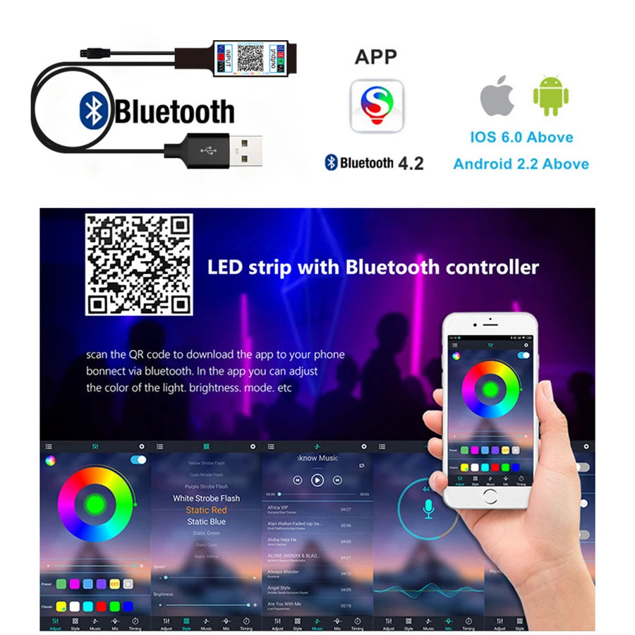 LED Strip Light 5050 USB Bluetooth Flexible Lamp Tape RGB Ribbon 1M 2M 3M 4M 5M DC 5V Decoration TV BackLight