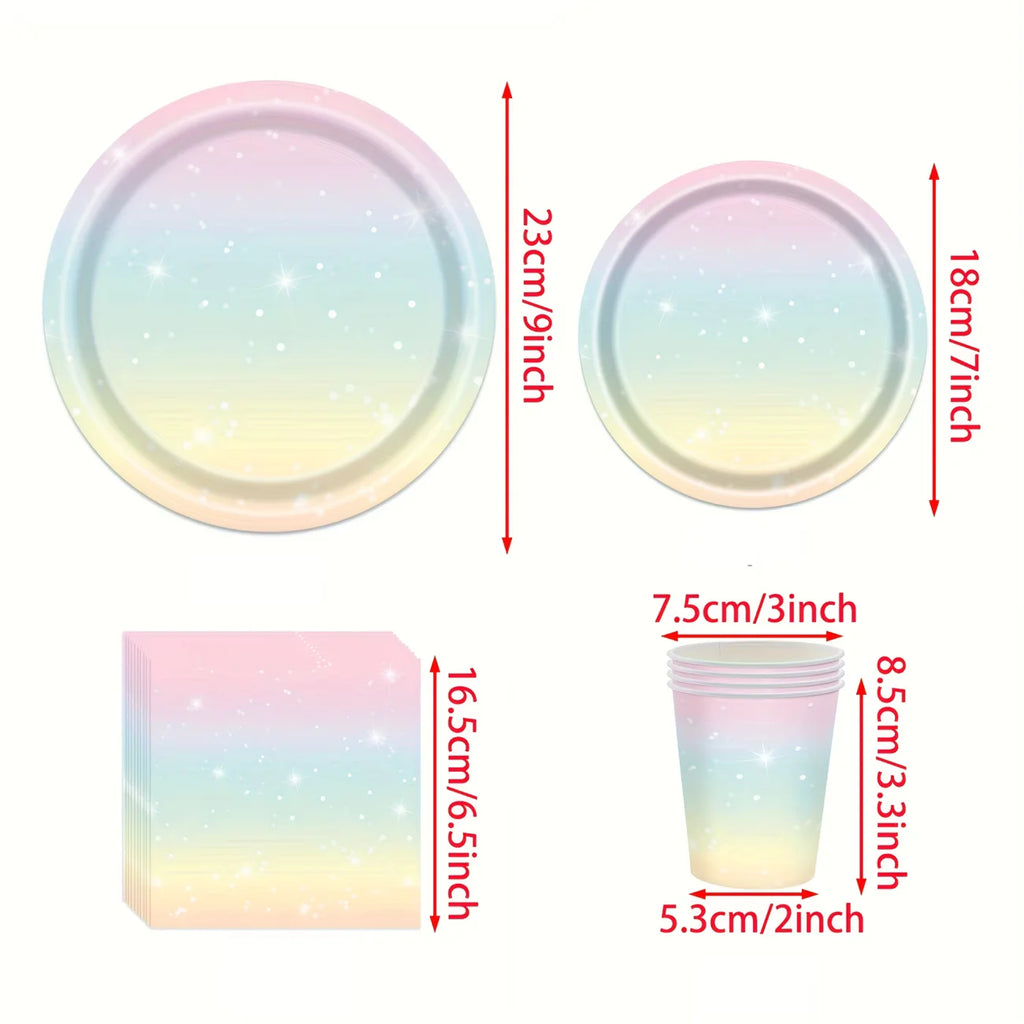 Pastel Rainbow Party Supplies Disposable Tableware Set Starry Gradient Paper Plates Cups Napkins for Kids Birthday Baby Shower