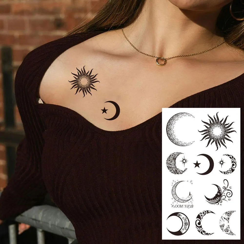 1 Sheet Moon Stars Sun Pattern Tattoo Stickers Waterproof Temporary Tattoos for Men Women Hand Arm Wrist Chest Body Decoration