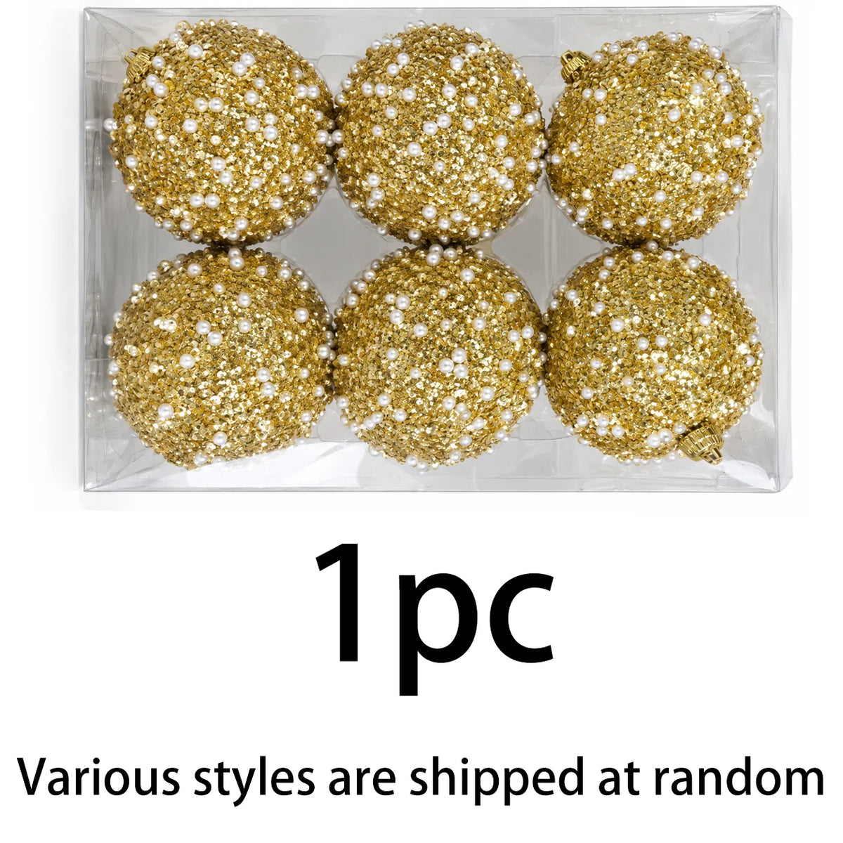 6PCS Gold Christmas Ball Ornaments, Pearl Sequin Baubles 8cm Glitter Hanging Balls Xmas Tree Holiday Decor
