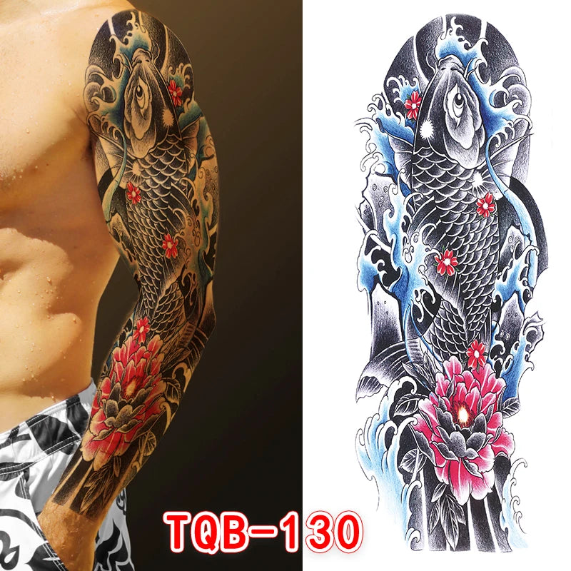 Large Arm Tattoo Sticker Full Sleeve Temporary Tattoos for Men Fish Wolf Tiger Tattoo Fake Tatoo for Women Waterproof Body Art