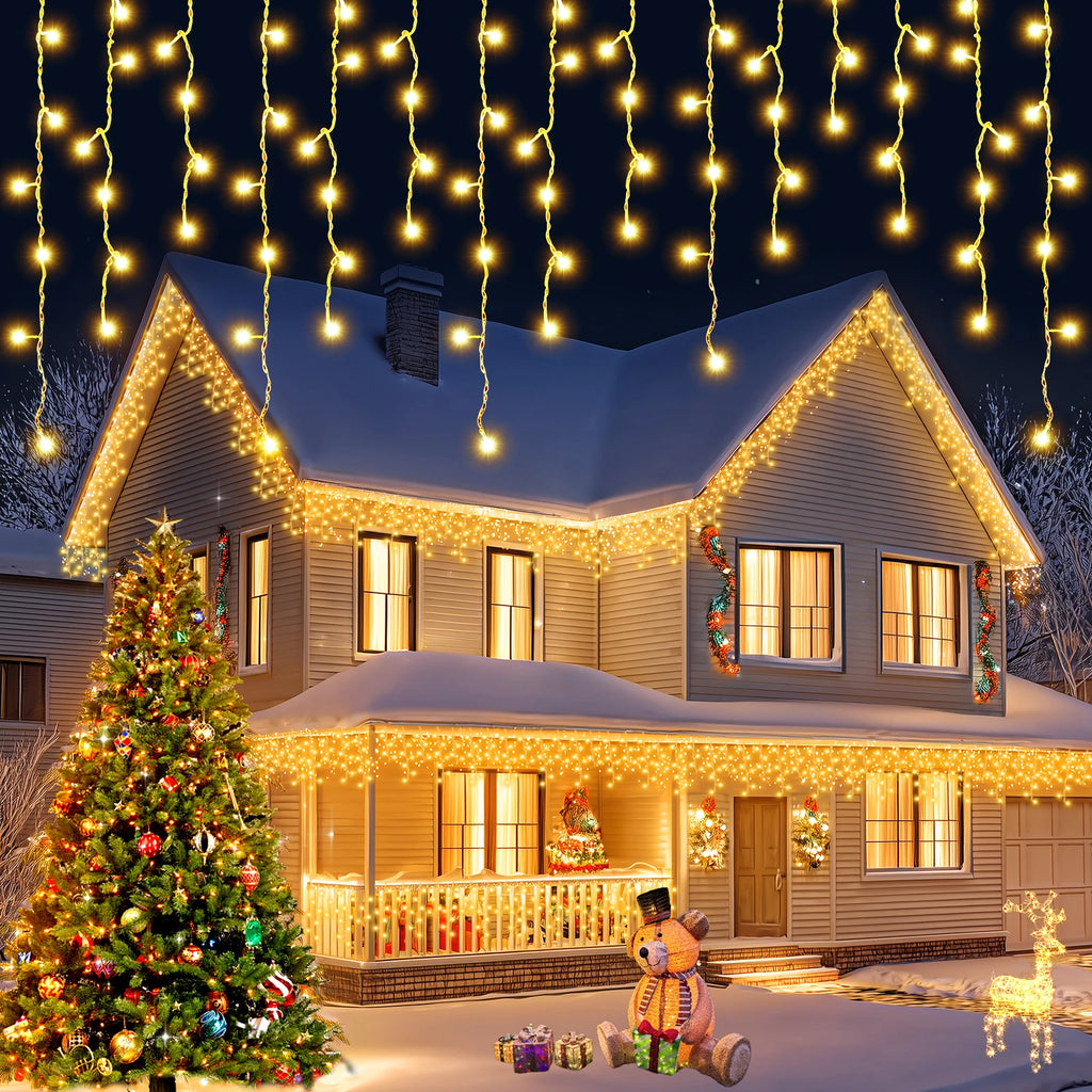 1000 LED Christmas Icicle Lights 98Ft, 8 Modes Connectable Waterproof Outdoor Icicle String Lights with 20 Cable Ties for Roof Gutters Eaves Patio Garden Holiday Decor, Warm White