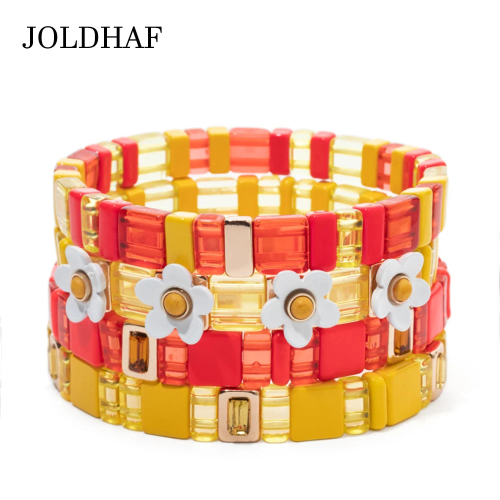 2024 New Design Acrylic Beads Bracelets For Women Red Green Flower Charm Bangle Inlaid Zirconia Beads Jewelry Sets