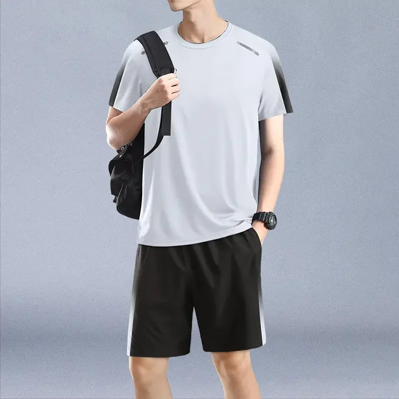 Men's 2-Piece Summer Athletic Set - Quick-Dry Running T-Shirt & Breathable Shorts - Gym Workout & Badminton Training Gear
