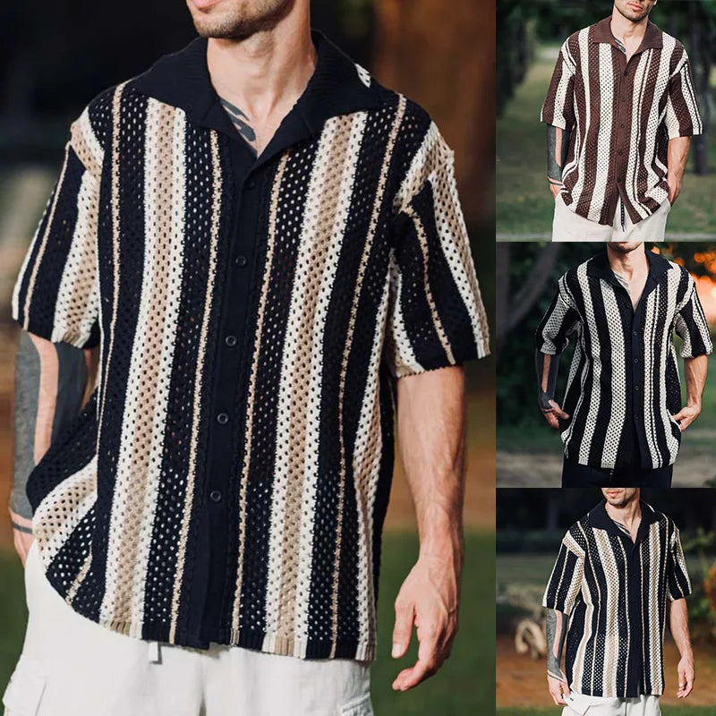 Contrast Color Striped Crochet Shirts Mens Vintage Turn-down Collar Buttoned Cardigan Tops Men Summer Daily Casual Knitted Shirt