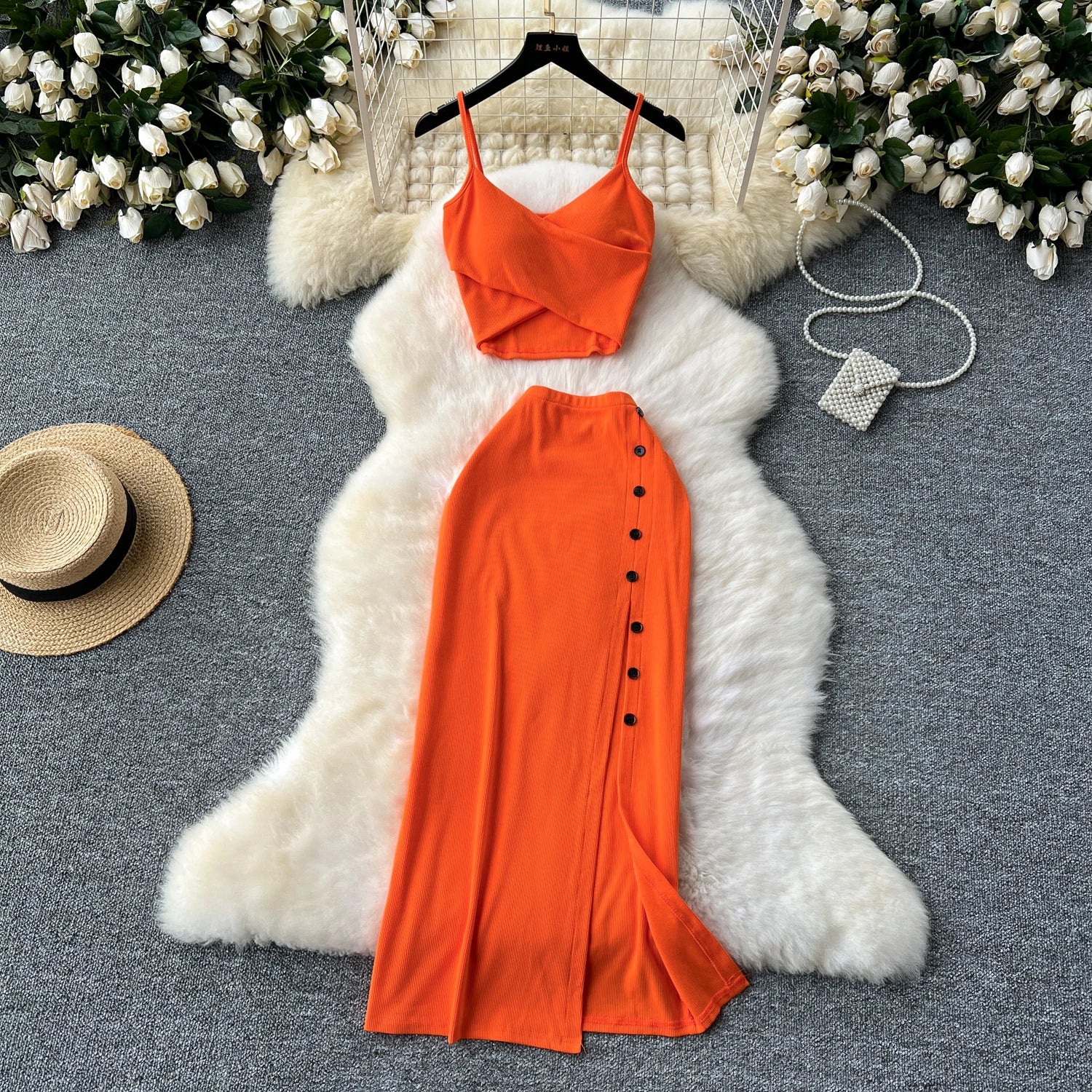 Foamlina Summer Sexy 2 Pieces Set for Women Solid V Neck Sleeveless Crop Camis Top and High Elastic Waist Split Long Skirt Suits