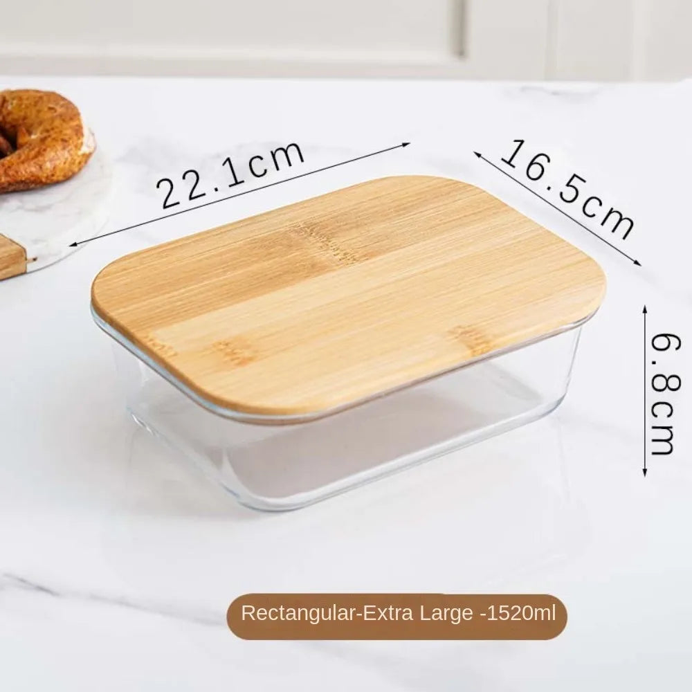 Glass Fresh-Keeping Box Heat-Resistant Bamboo Lid Microwave Oven Lunch Box Leakproof High Borosilicate Office Worker Bento Box