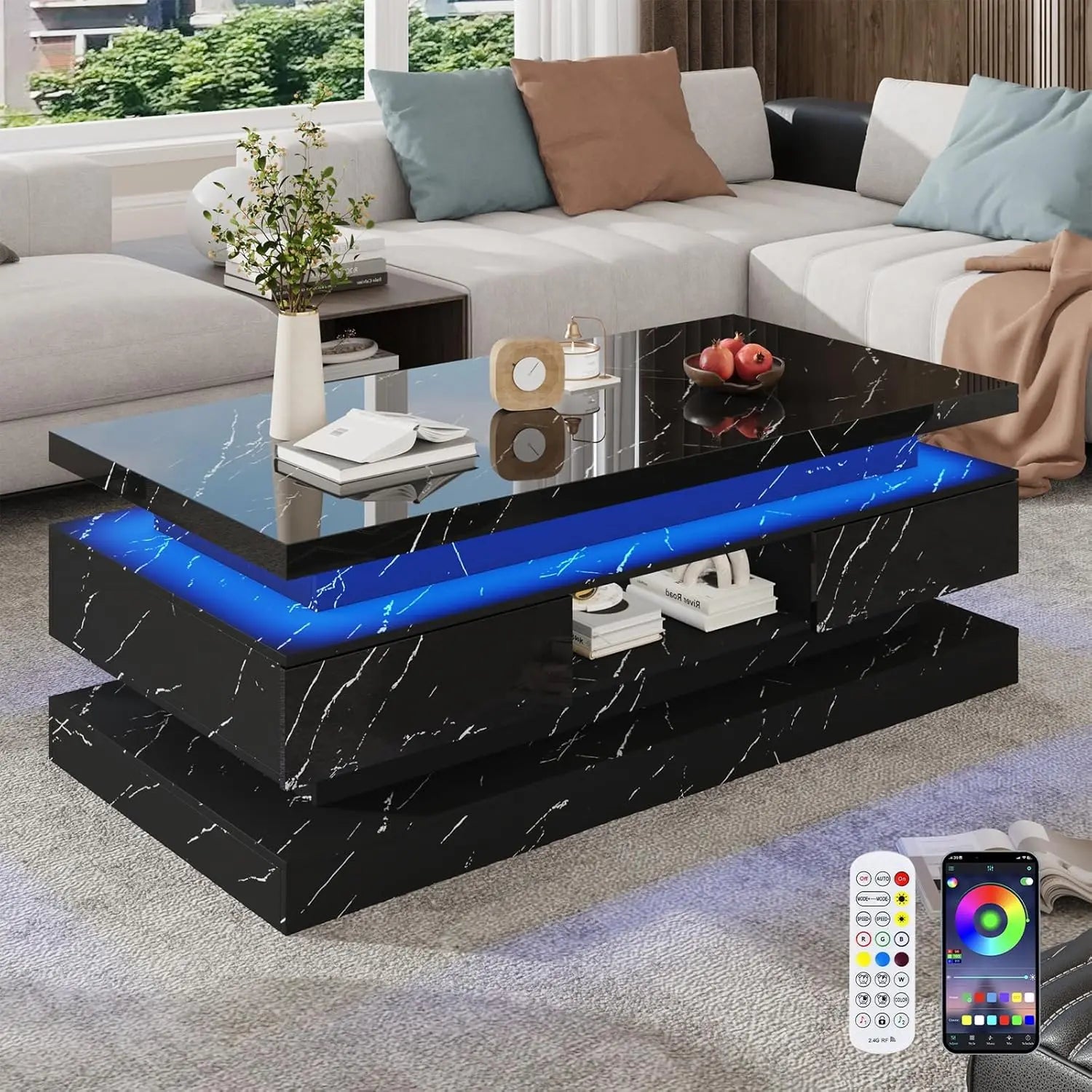 47.2 inch Modern High Glossy LED Coffee Table with 2 Sliding Drawers, Double-Layer Center Tables with LED Lights, Customized