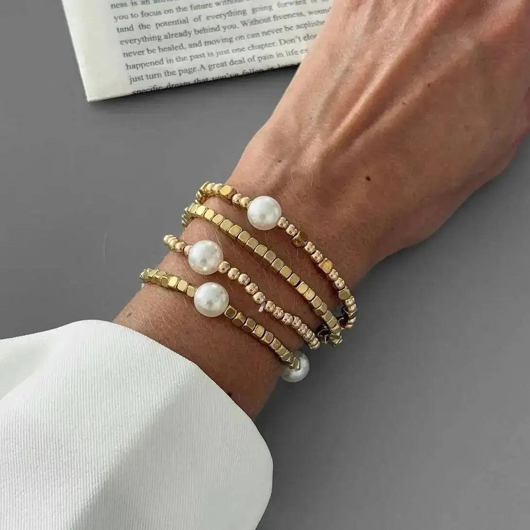 IngeSight.Z 4 Pcs/Set Bohemian Imitation Pearl CCB Beaded Bracelets Women Vintage Handmade Stretch Bangle Couple Trendy Jewelry