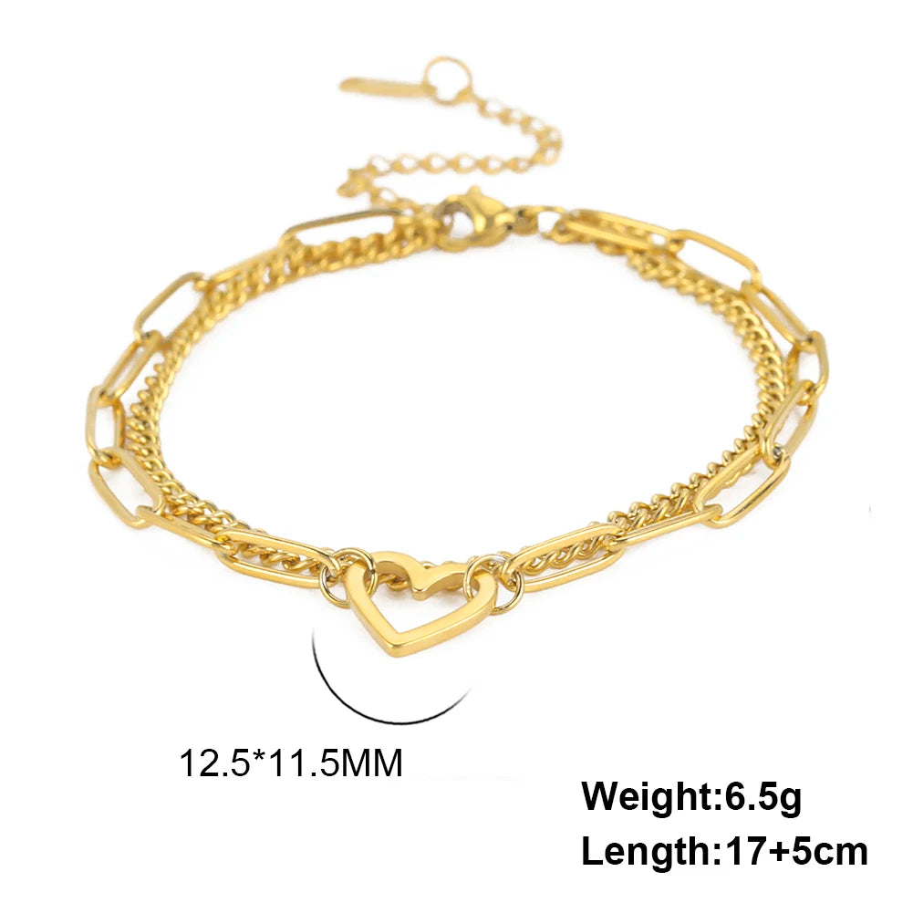Heart Charm Bracelet Women's Stainless Steel Double Layer Paper Clip Chain Bracelet Jewelry Valentine's Day Gift New
