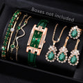9PCS Green Women's Watch Set Trendy Fashion Rectangular Dial Quartz Watch Bracelet Necklace Earrings Set Holiday Gift