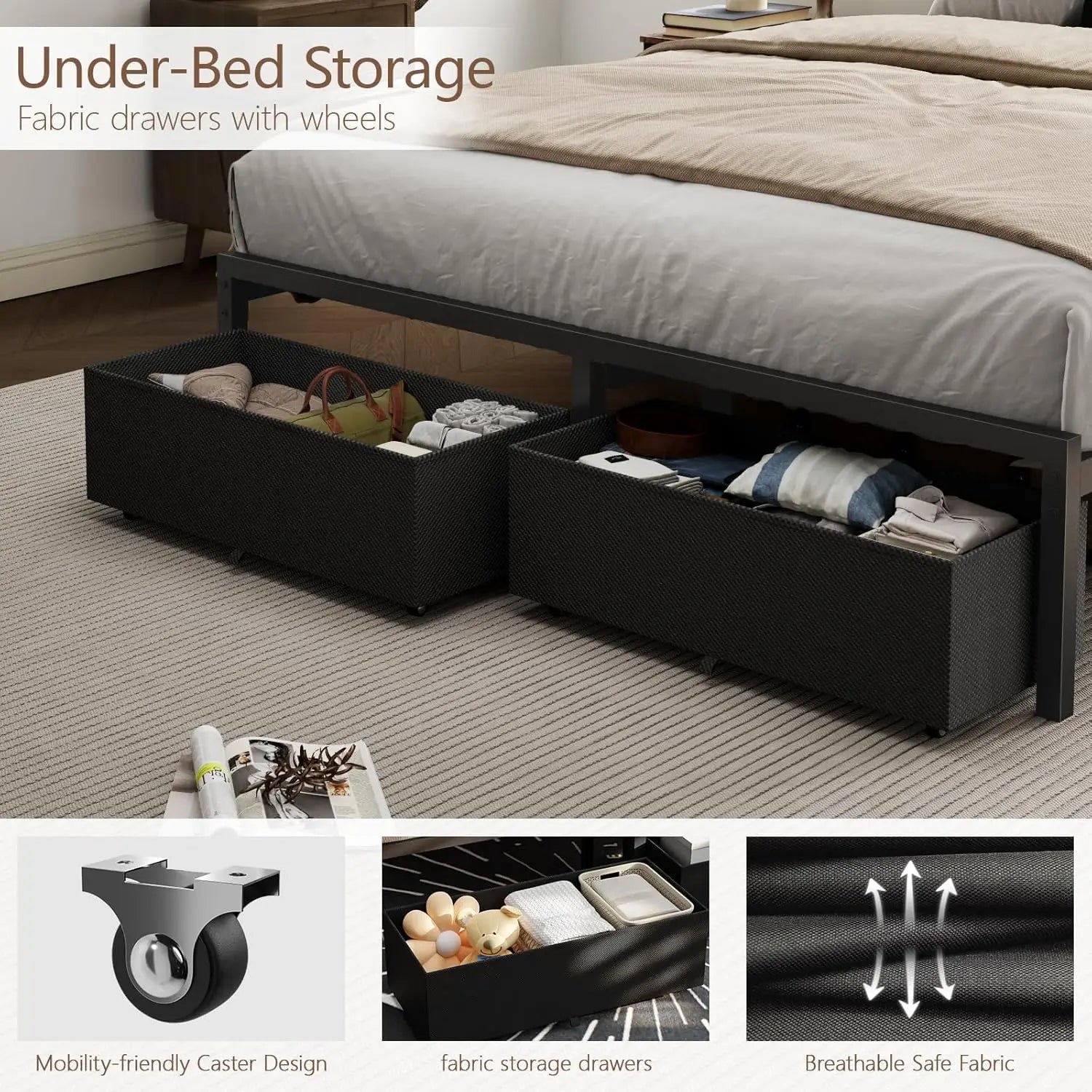 Furnulem Full Size Bed Frame with Headboard, Upholstered Full Bed Frame with LED Light, USB Charging Station, Platform Bedframe