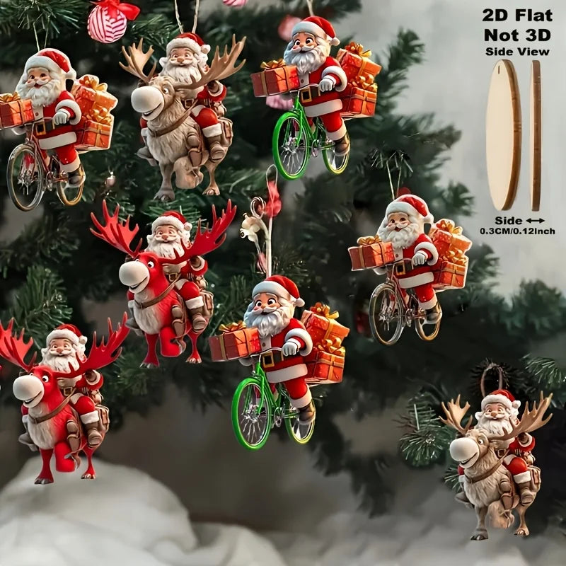 12-Piece Santa Claus Wooden Hanging Ornaments Set—Perfect for Christmas Trees and Holiday Home Decorations, 2D Flat Christmas-Themed Santa Claus Gift-Delivery Style