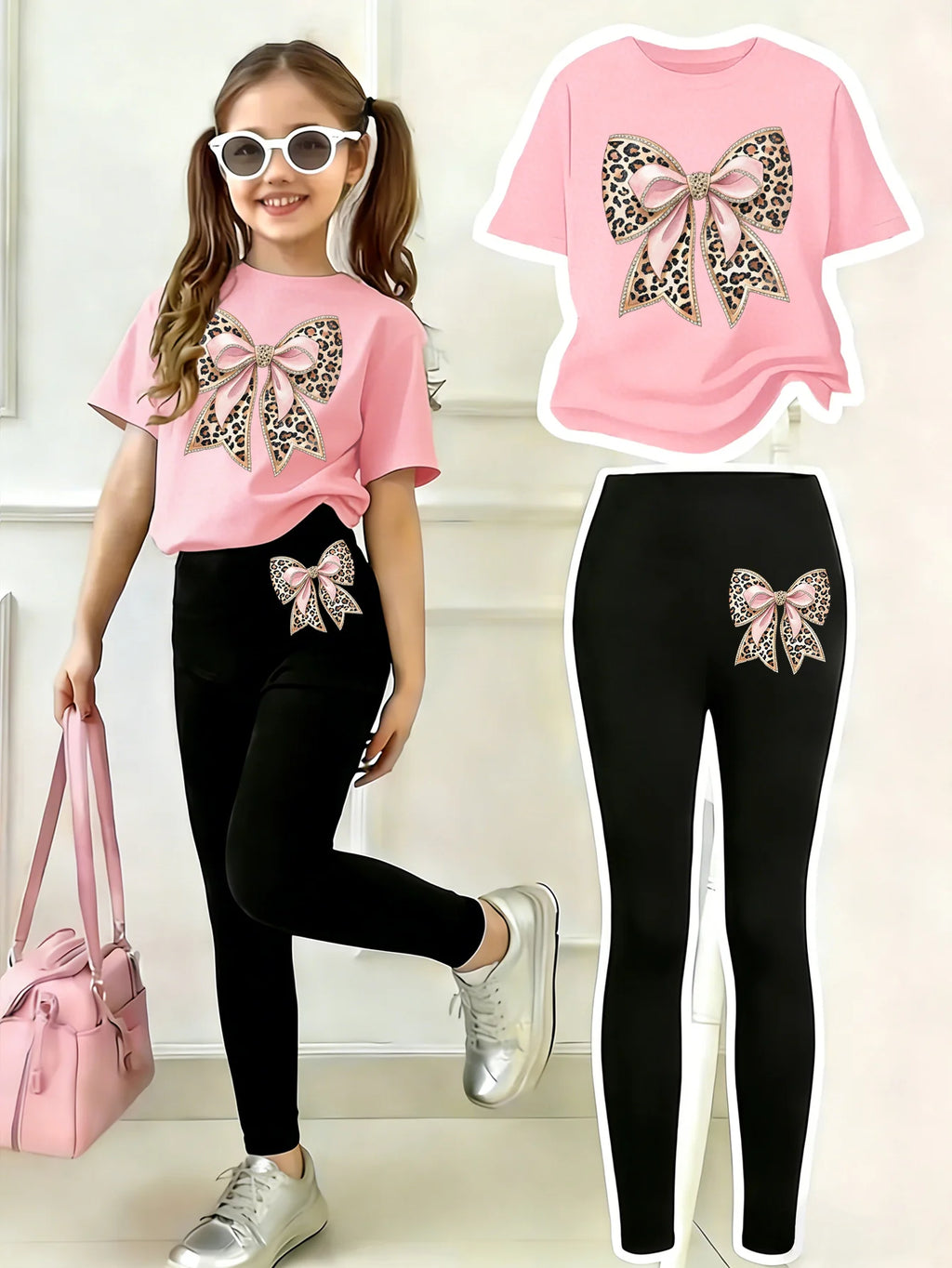 Girls' Casual Short-Sleeve Set: Regular Short-Sleeve Top + Leggings Two-Piece Set, Pink Faux Sequin Bow "Pattern Print, Suitable for Children Aged 4-11, Versatile Clothing for Home and Outings