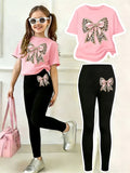 Girls' Casual Short-Sleeve Set: Regular Short-Sleeve Top + Leggings Two-Piece Set, Pink Faux Sequin Bow "Pattern Print, Suitable for Children Aged 4-11, Versatile Clothing for Home and Outings