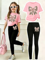 Girls' Casual Short-Sleeve Set: Regular Short-Sleeve Top + Leggings Two-Piece Set, Pink Faux Sequin Bow "Pattern Print, Suitable for Children Aged 4-11, Versatile Clothing for Home and Outings