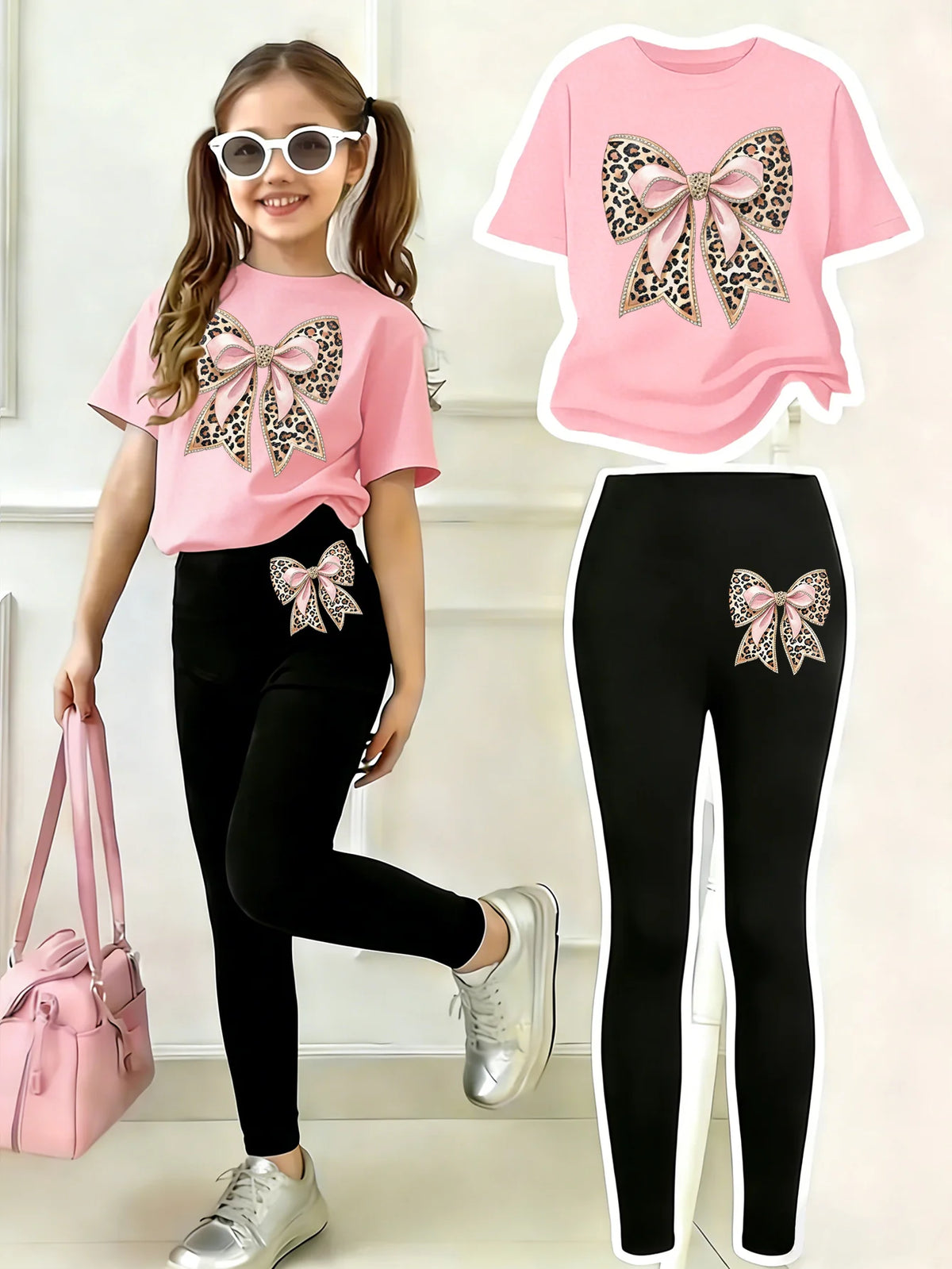 Girls' Casual Short-Sleeve Set: Regular Short-Sleeve Top + Leggings Two-Piece Set, Pink Faux Sequin Bow "Pattern Print, Suitable for Children Aged 4-11, Versatile Clothing for Home and Outings