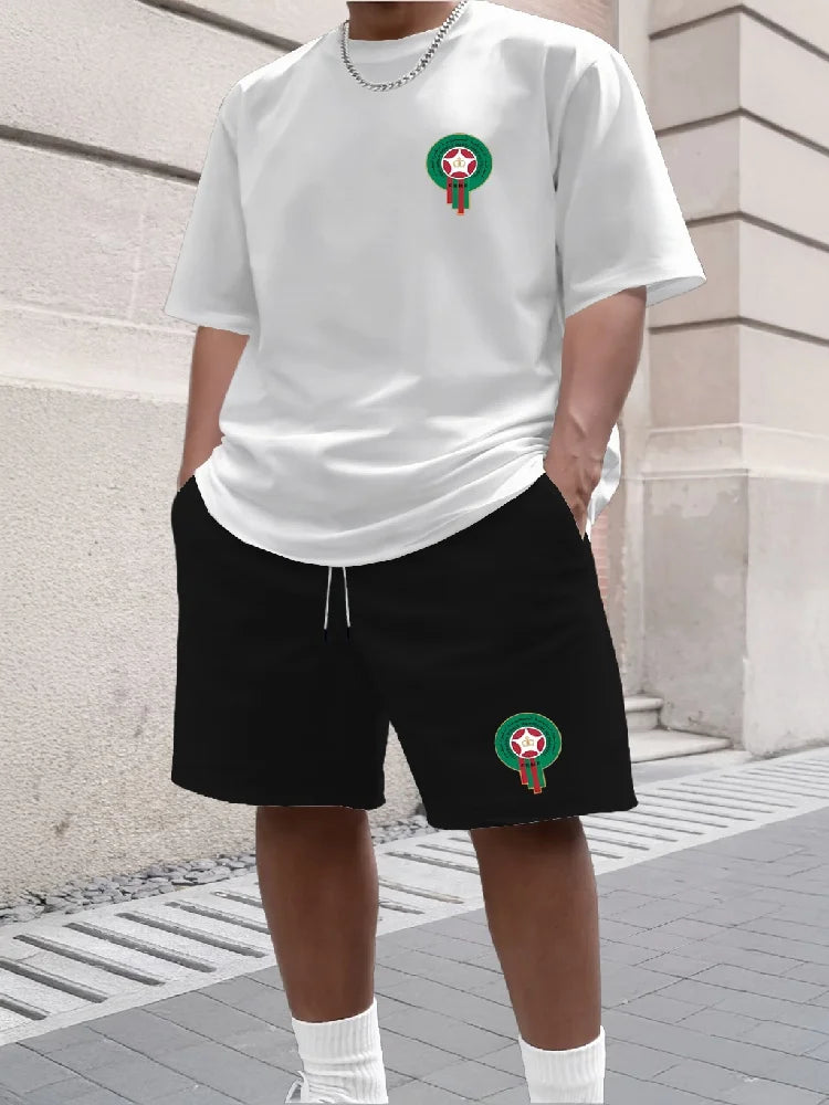 Youth Men's Fashionable Casual Sports Two-Piece Set Print Summer Short-Sleeved T-Shirt And Shorts Ensemble