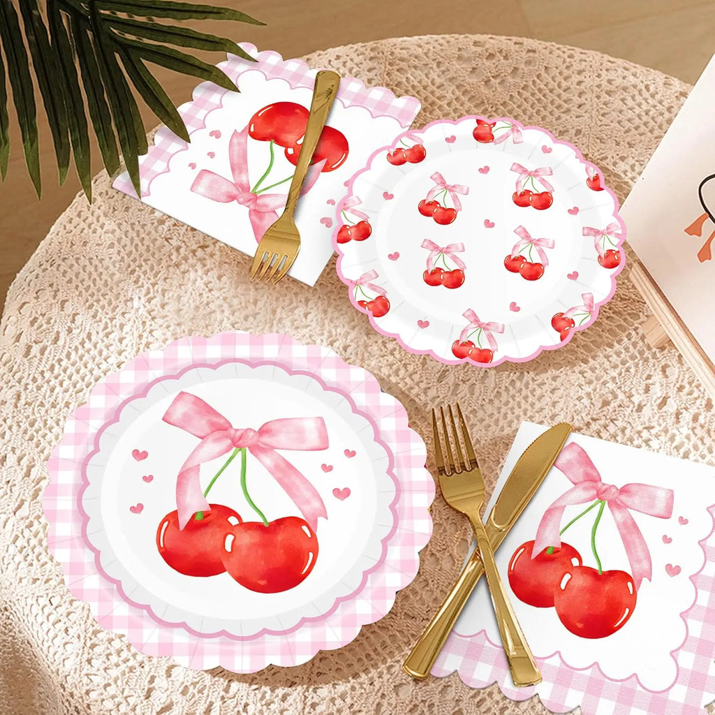 Sweet Cherry Party Disposable Tableware Pink Bow Gingham Plates Cups Napkins For Girl Happy Birthday Princess Baby Shower