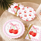 Sweet Cherry Party Disposable Tableware Pink Bow Gingham Plates Cups Napkins For Girl Happy Birthday Princess Baby Shower