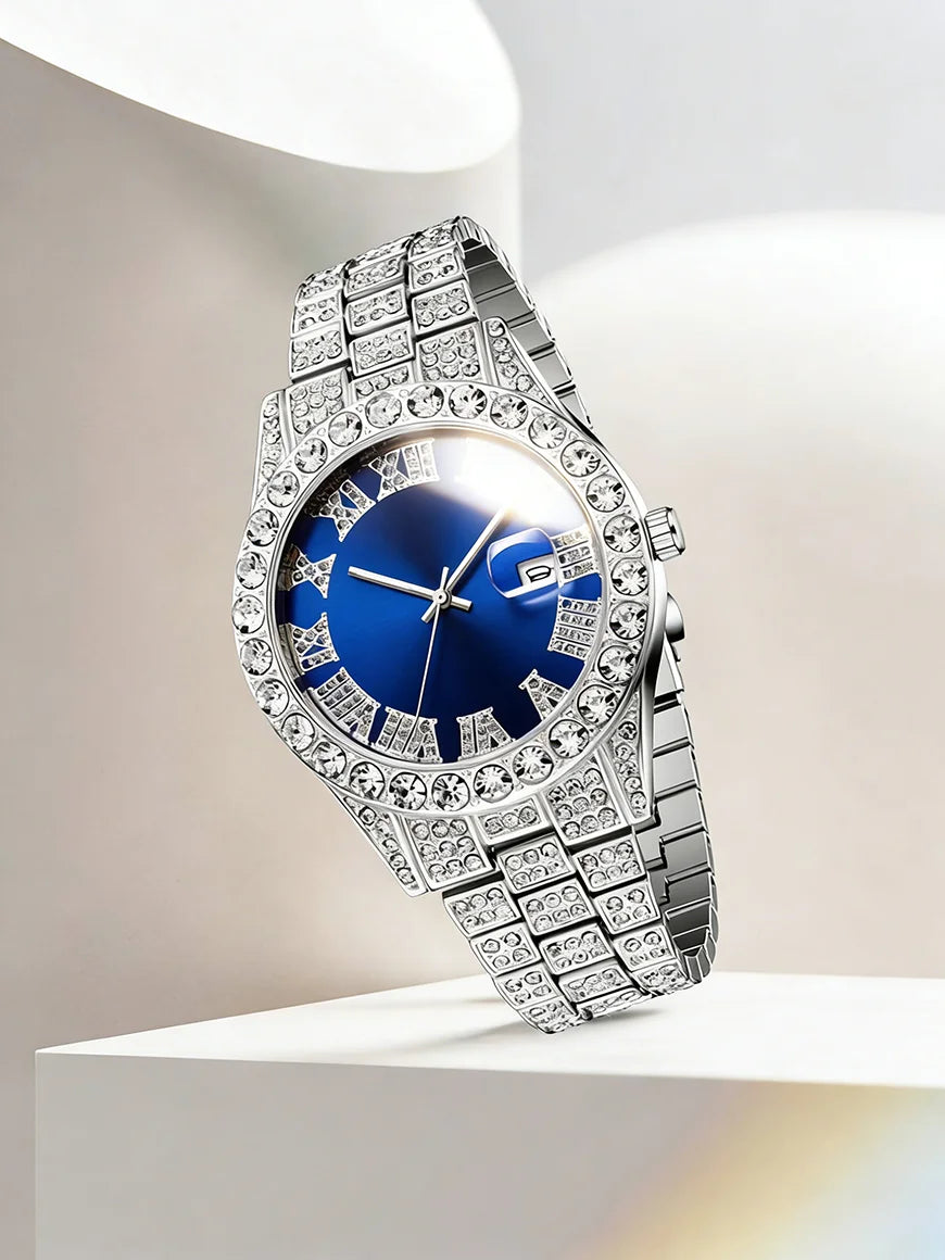 Men's Watch Set with Trendy Chain And Calendar Function Embedded Craft Design Birthday Gift