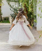 Graceful Lace Princess Flower Girl Dress 2-14 Kids 3/4 Sleeves 3D Flower Belt Wedding Party Gown First Communion Dress Custom
