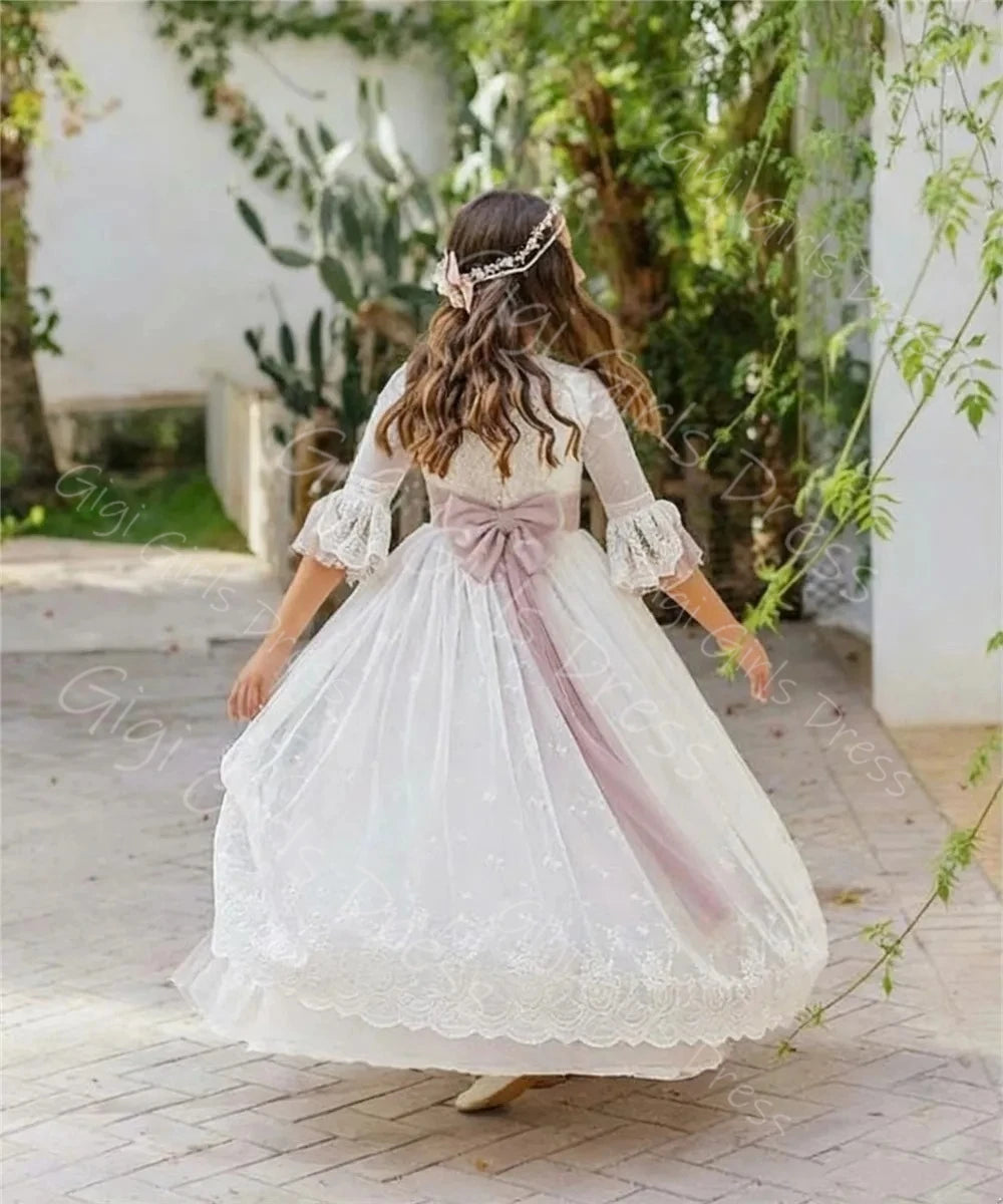 Graceful Lace Princess Flower Girl Dress 2-14 Kids 3/4 Sleeves 3D Flower Belt Wedding Party Gown First Communion Dress Custom
