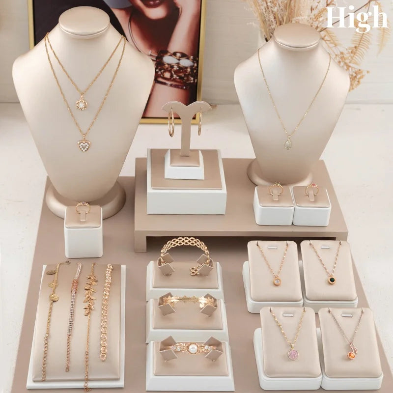 Champagne Leather Jewelry Set for Earrings Rings Display Stand Storage Organizer for Fashion Women Bracelets Necklaces Tray