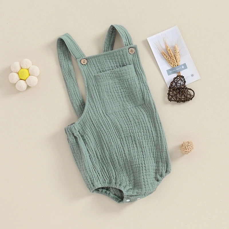 Pudcoco Baby Cotton Linen Suspender Overalls, Solid Color Sleeveless Square Neck Romper Outfit for Boys Girls 0-24M