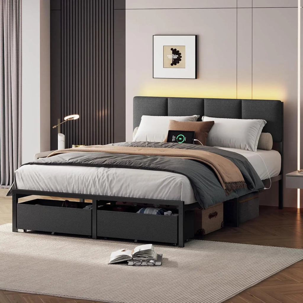 Furnulem Full Size Bed Frame with Headboard, Upholstered Full Bed Frame with LED Light, USB Charging Station, Platform Bedframe