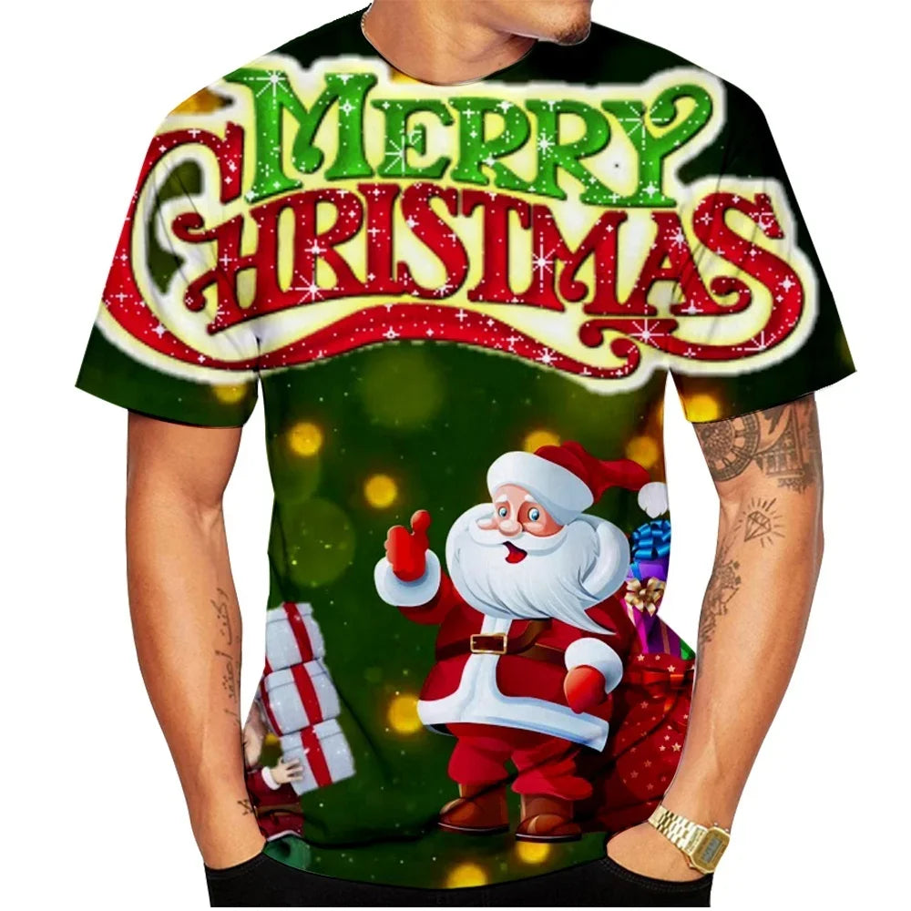 2026 Fashion Men's Merry Christmas T-Shirt Blue Xmas Tree Snowflake Graphic Crew Neck Short Sleeve Holiday Party Casual Tee Tops