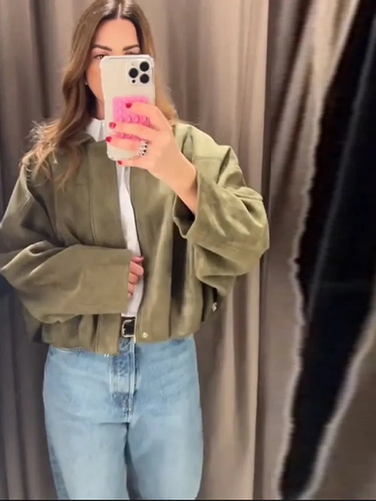 Vintage Brown Women's Suede Jacket Women Zipper Long Sleeve Pocket Loose Short Bomber Coat 2025 Spring Lady High Street Outwear