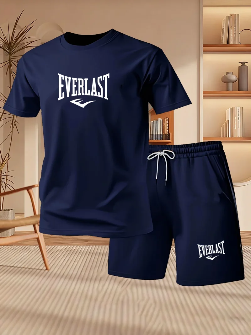 Men's Summer Running Breathable Sportswear, Short Sleeved T-shirt+printed Shorts Two-piece Set, Casual/fitness/home 2-piece Set