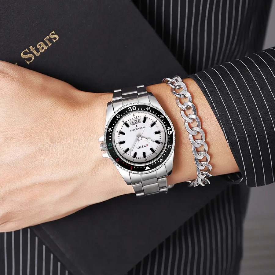 2024 New Men's and Women's Steel Strip Watch Trendy Leisure Calendar Scale Stainless Steel Strip Couple Quartz Watch Gift Watch