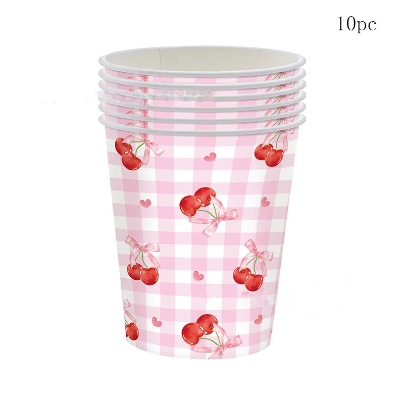 Sweet Cherry Party Disposable Tableware Pink Bow Gingham Plates Cups Napkins For Girl Happy Birthday Princess Baby Shower