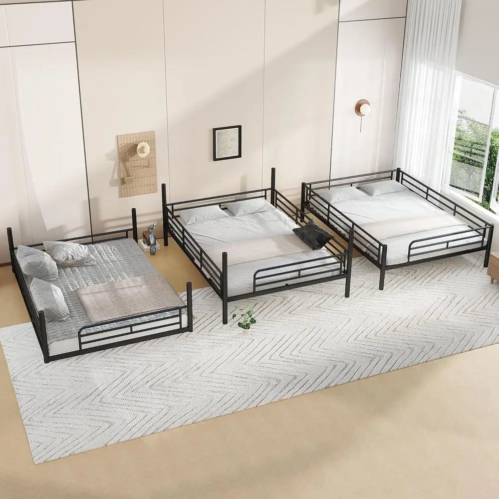 Triple Bunk Beds with Full-Length Guardrails, Queen Over Queen Over Queen, Noise-Reduced, Metal Frame in Black
