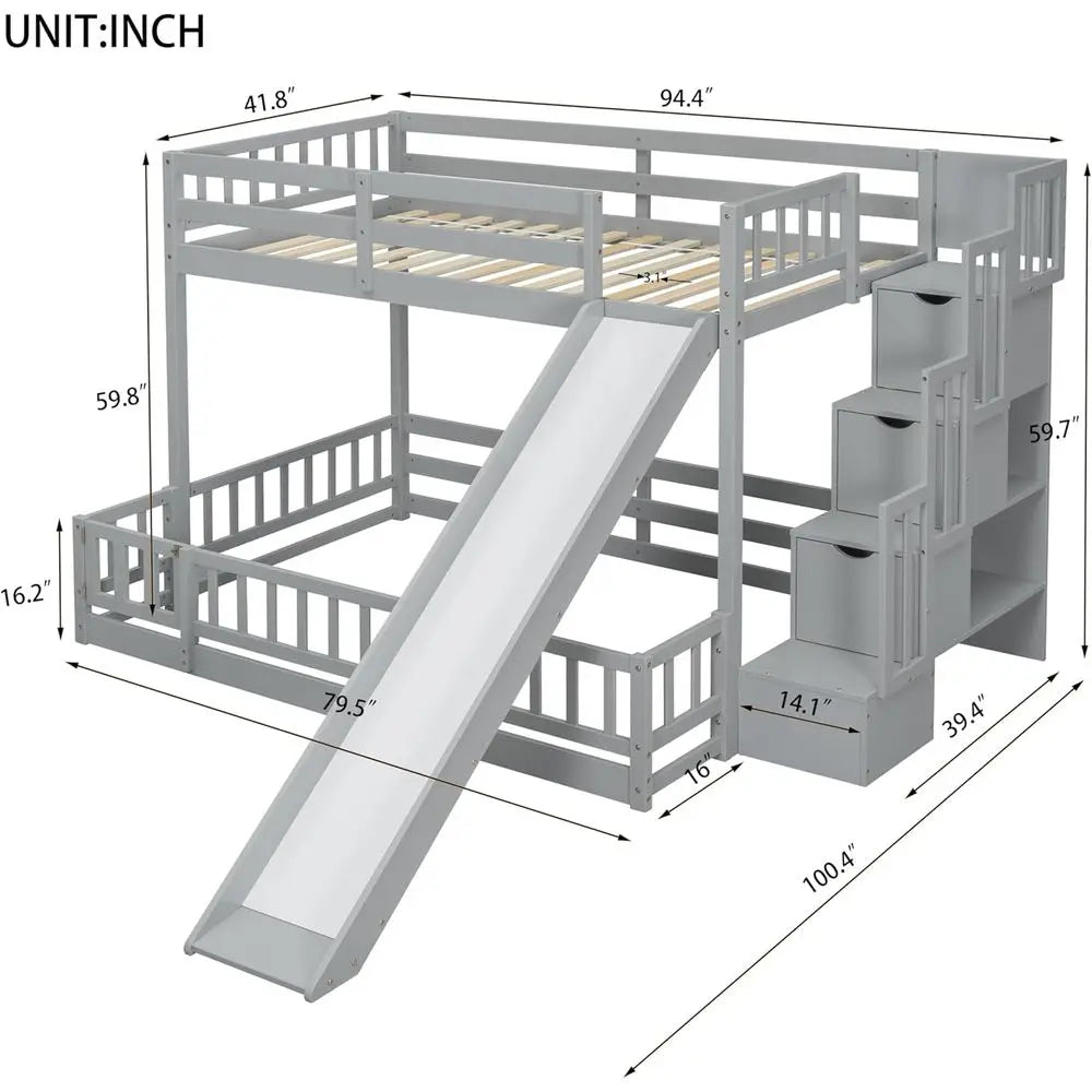 Gray Twin Over Full Bunk Bed with Slide, Stairs, and Storage for Kids