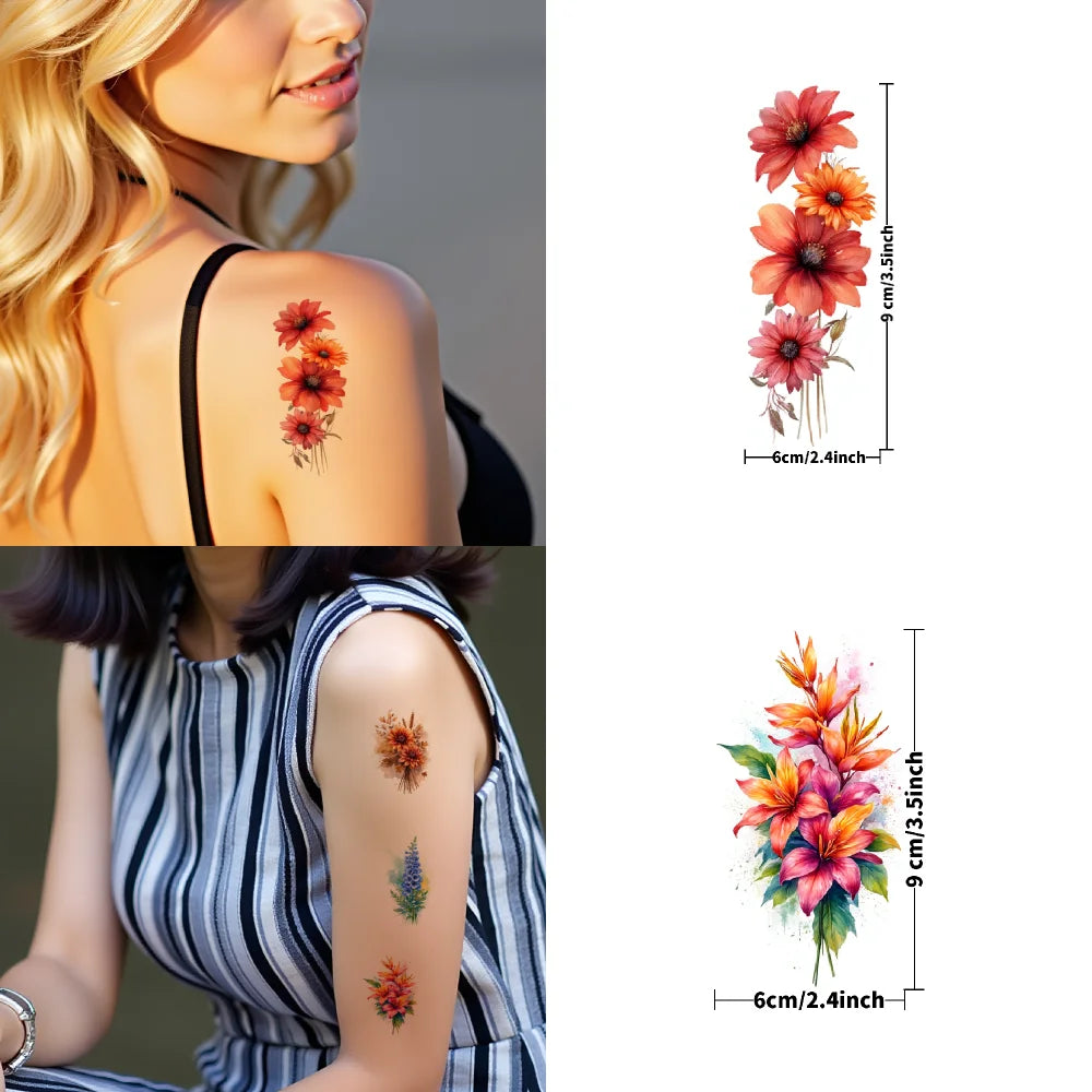 9pcs Colorful Flower Temporary Tattoos Stickers 3D Disposable Body Arm Tatoo Sticker Men Women Waterproof Fake Tatoos